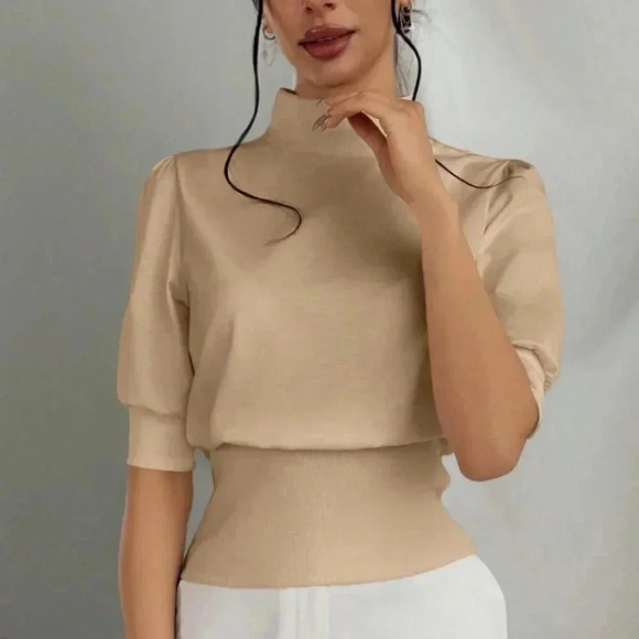 Apricot Women's Color Stand Collar Waist Cinched Bubble Sleeve Shirt - Picture 3 of 6